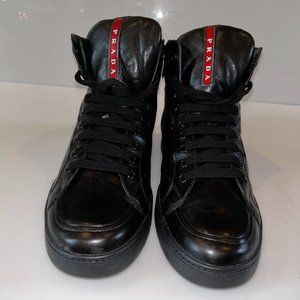 PRADA MENS HI TOP SNEAKERS, SIZE 12, BLACK LEATHER, GREAT CONDITION